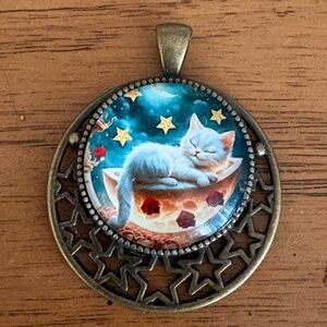 Cat Kitten Moon Celestial Art Round Star Pendant Charm (No Chain) Gift 4